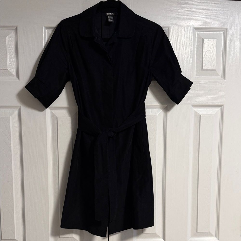 DKNY Black Corduroy Belted Shirt Button Down Dress Size 2 Short Sleeve